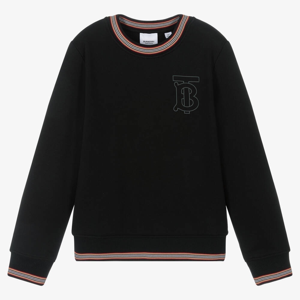Burberry Black Crewneck Sweatshirt with Striped Accents and Logo - Size 12 Youth